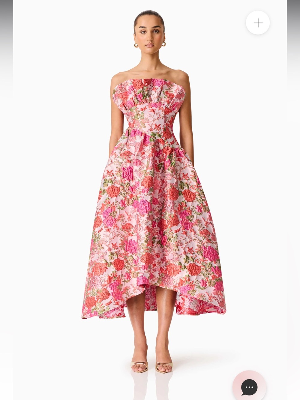 elliatt floralie pink & red floral jacquard strapless ruffle maxi dress large